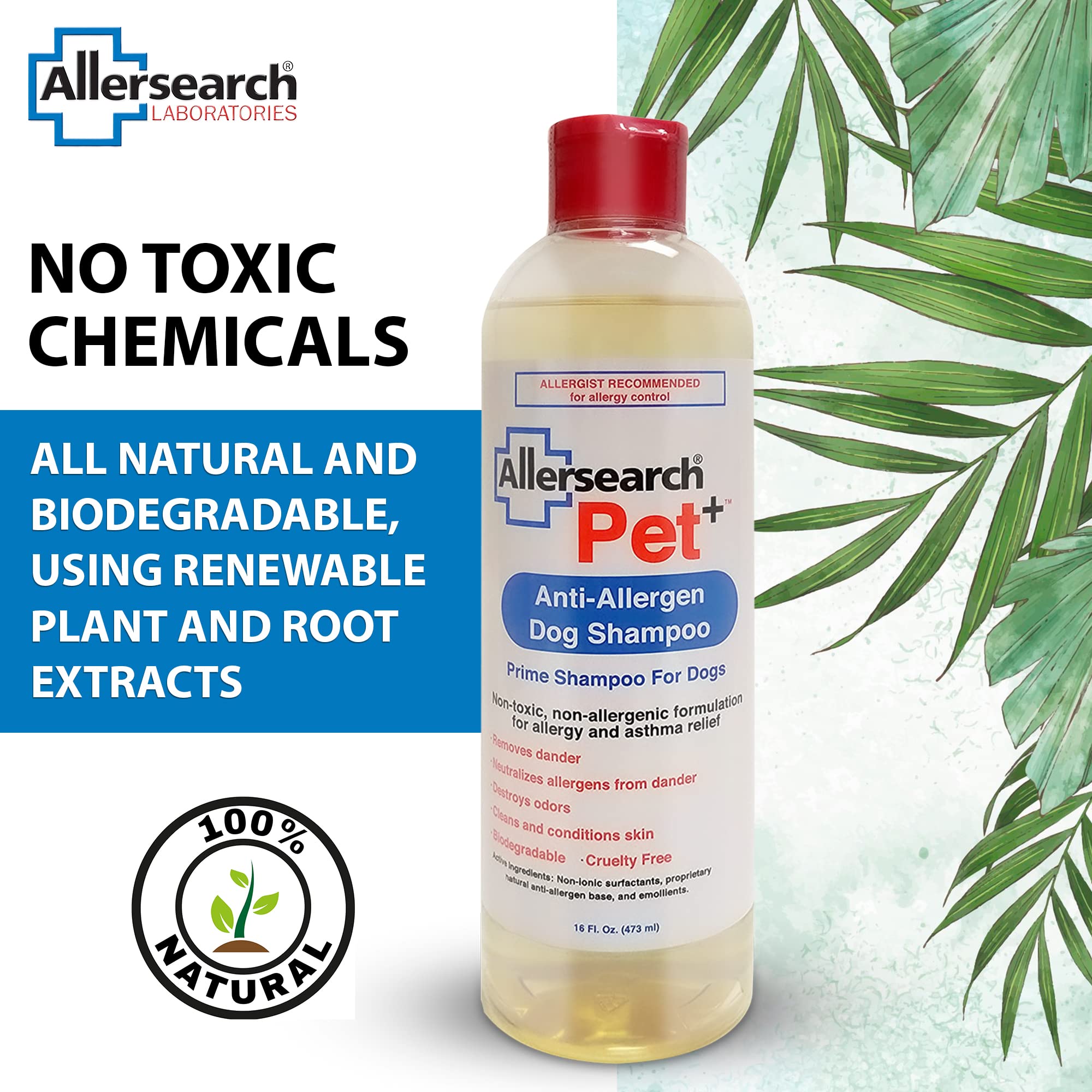 Allersearch Pet+ champú, etiqueta frontal destaca fórmula hipoalergénica y natural.