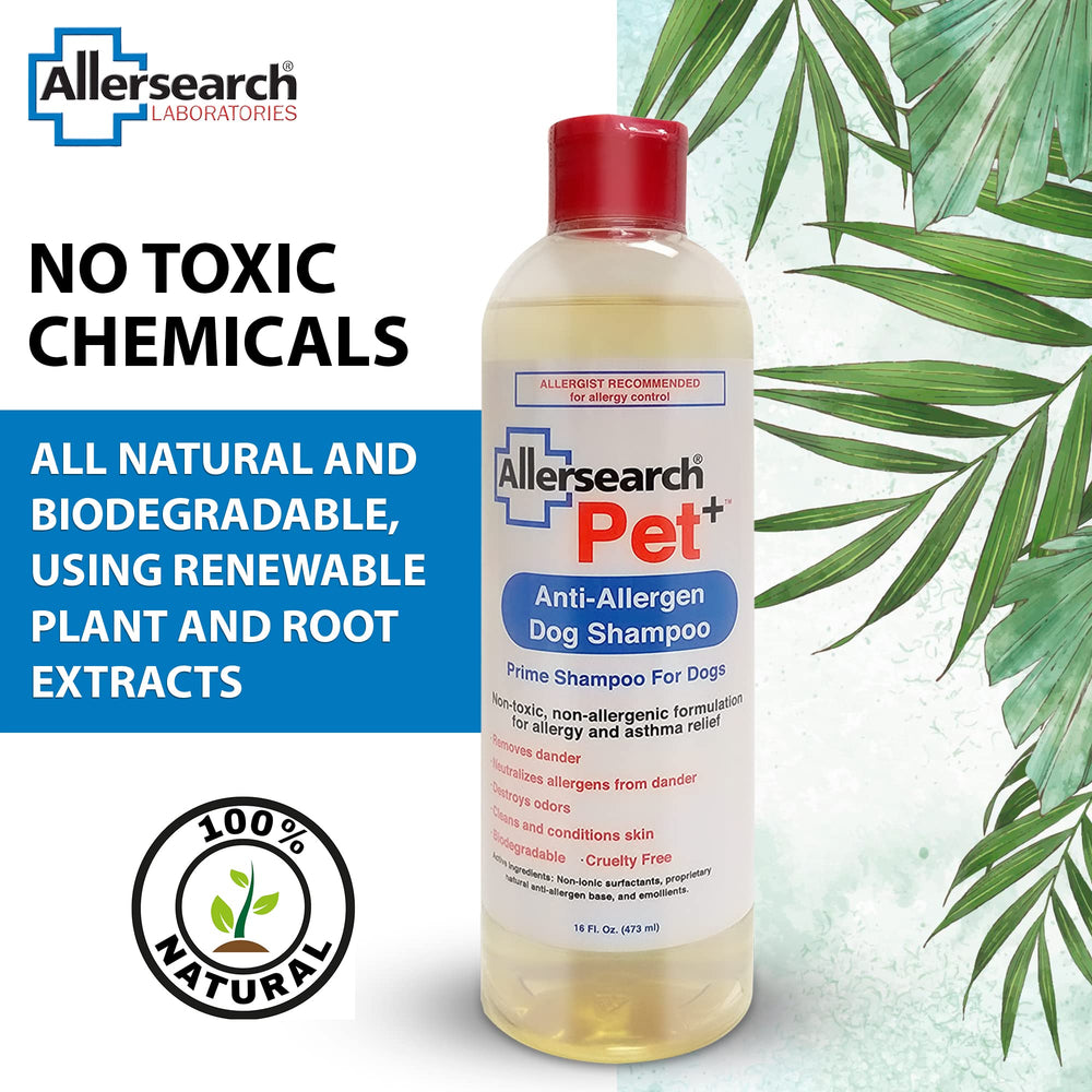 Allersearch Pet+ champú, etiqueta frontal destaca fórmula hipoalergénica y natural.