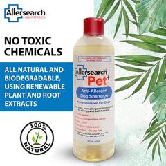 Allersearch Pet+ champú, etiqueta frontal destaca fórmula hipoalergénica y natural.