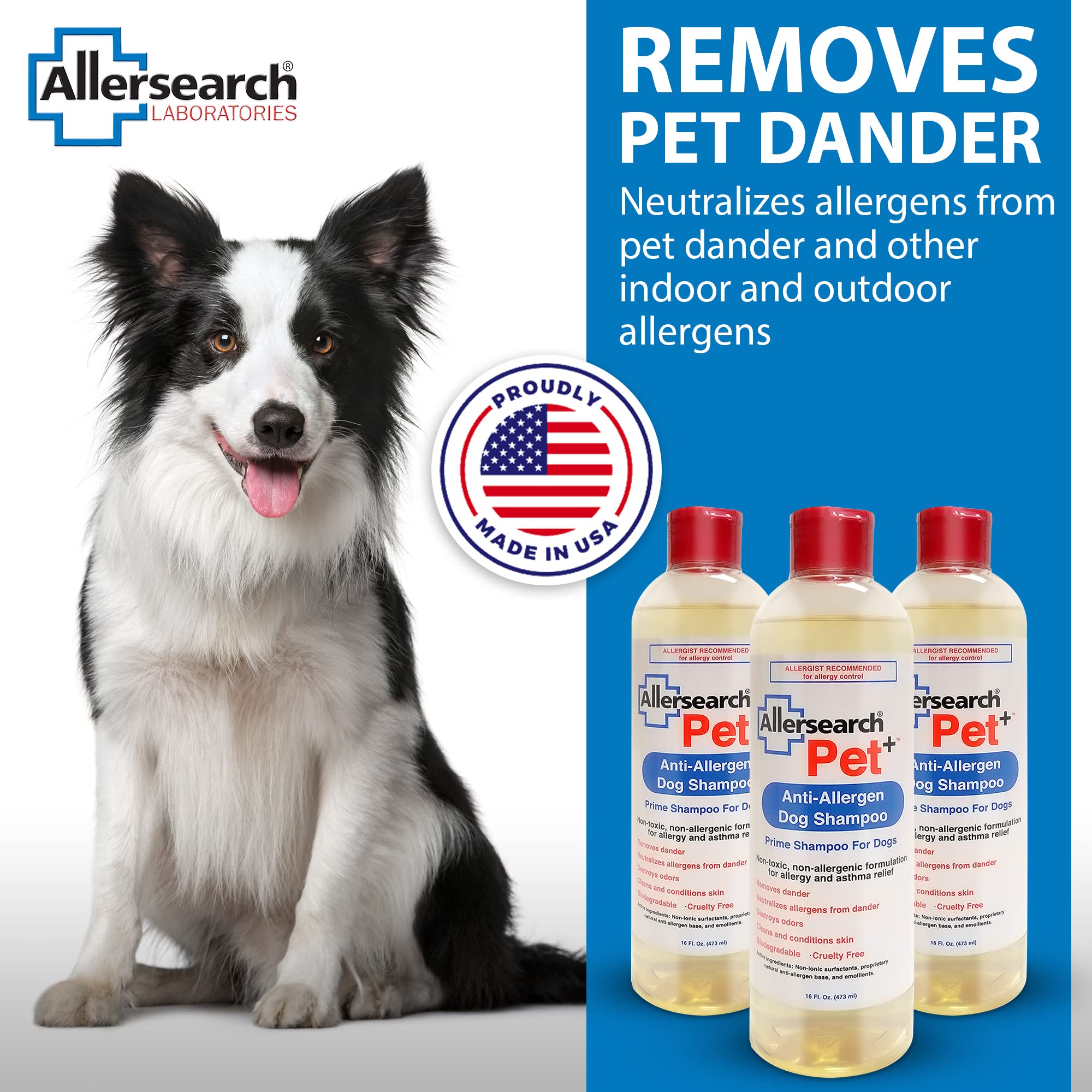 Allersearch Pet+ champú, pelo limpio y olor neutral tras lavado.