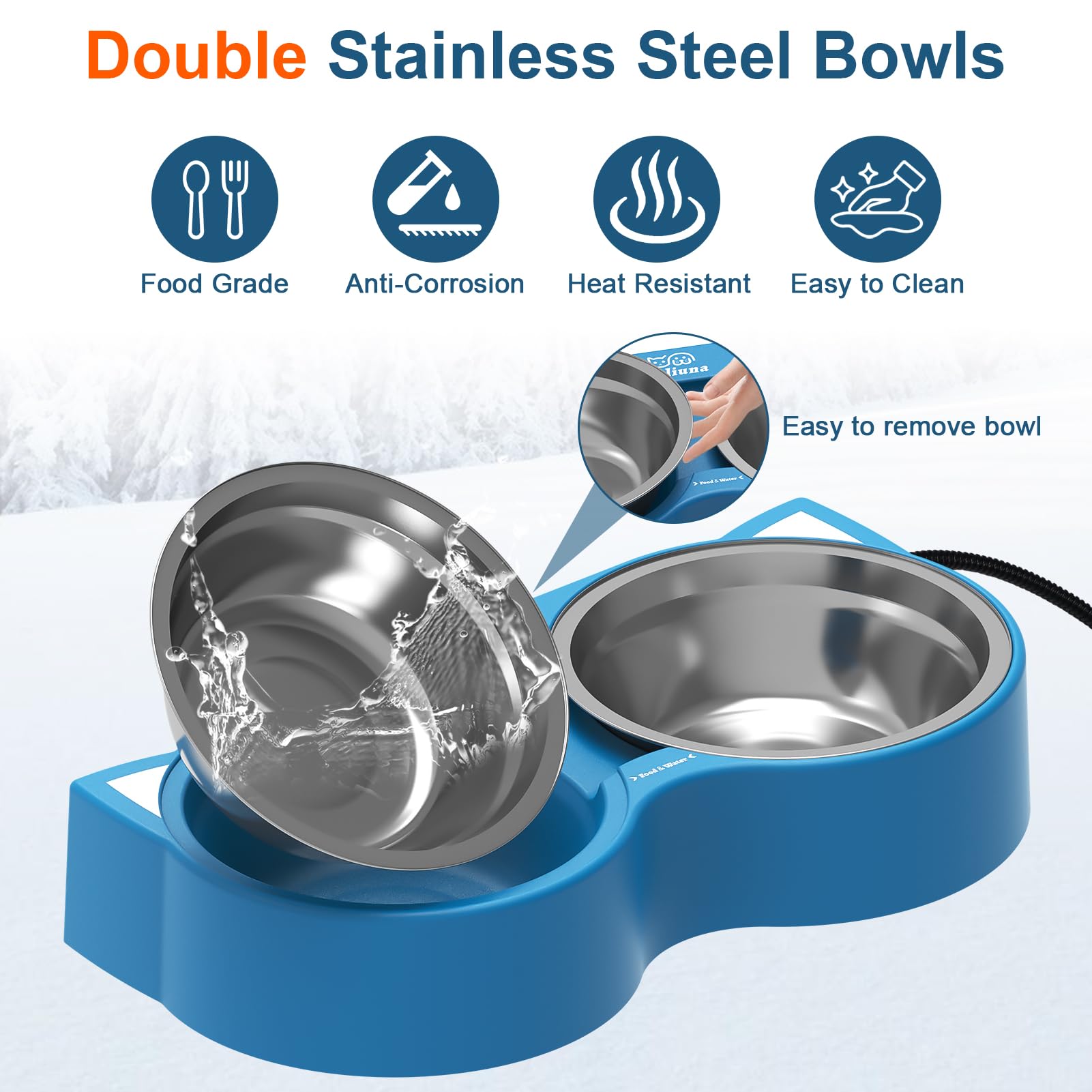 Alpcouts tazón caliente doble para gatos externos, detalle de tazones inox