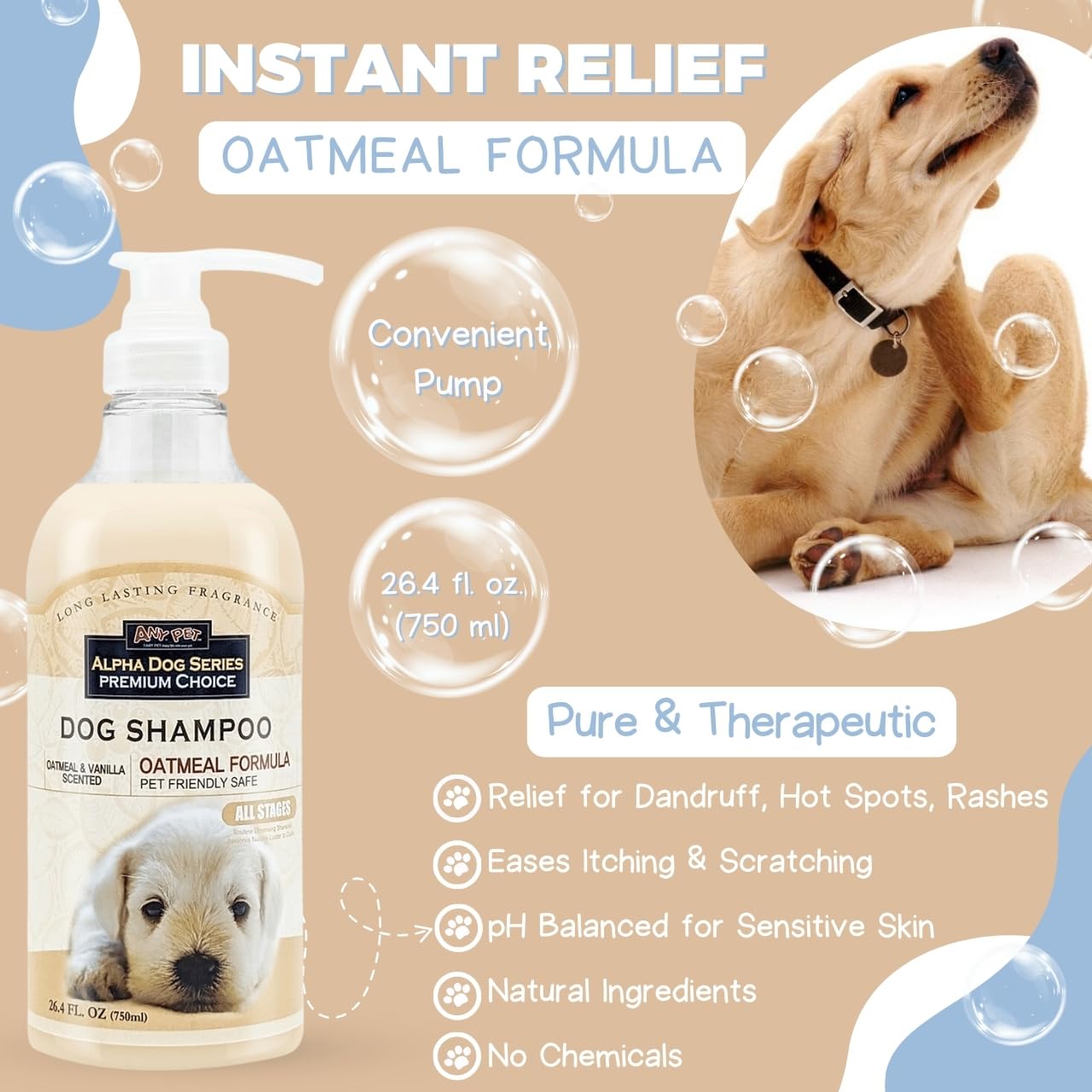 Champú para perros sin llanto de Alpha Dog Series, fórmula avena-aloe suave.
