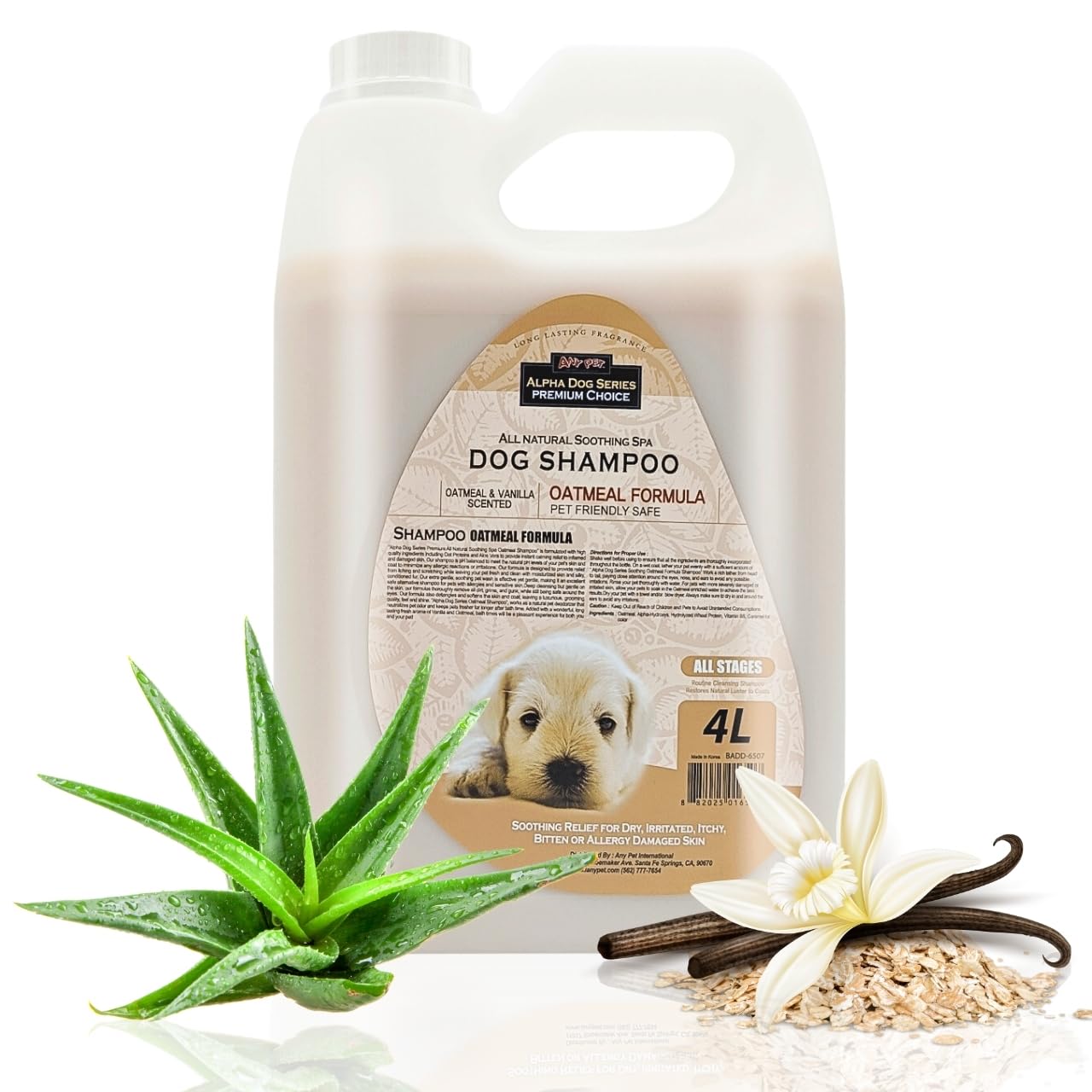Champú Alpha Dog Series para perros con avena y aloe, piel calmada y pelaje limpio.