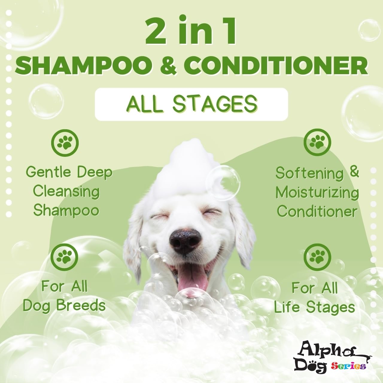 Alpha Dog Series: espuma suave al aplicar, ideal para baños sin irritación.