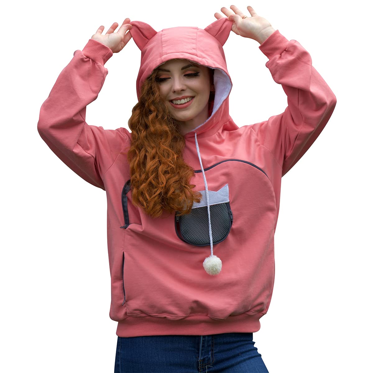 ALYC Pet Carrier Hoodie, vista frontal con bolsillo grande para transportar mascotas.