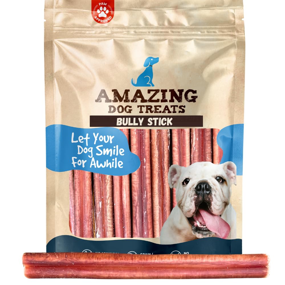 Amazing Dog Treats bully-stick de 6 pulgadas, 25 unidades, ideal para mordisqueo de perros medianos.