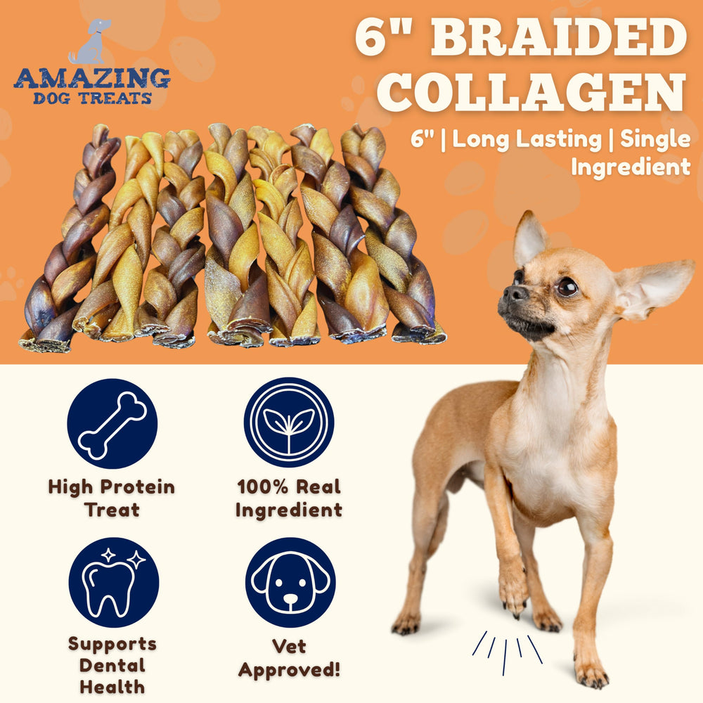 Amazing Dog Treats paquete con palitos de colágeno trenzados para perros.