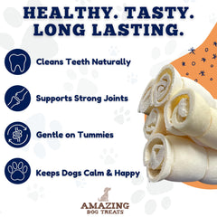 Amazing Dog Treats rollos de mejilla de res, sin aditivos para masticación segura.
