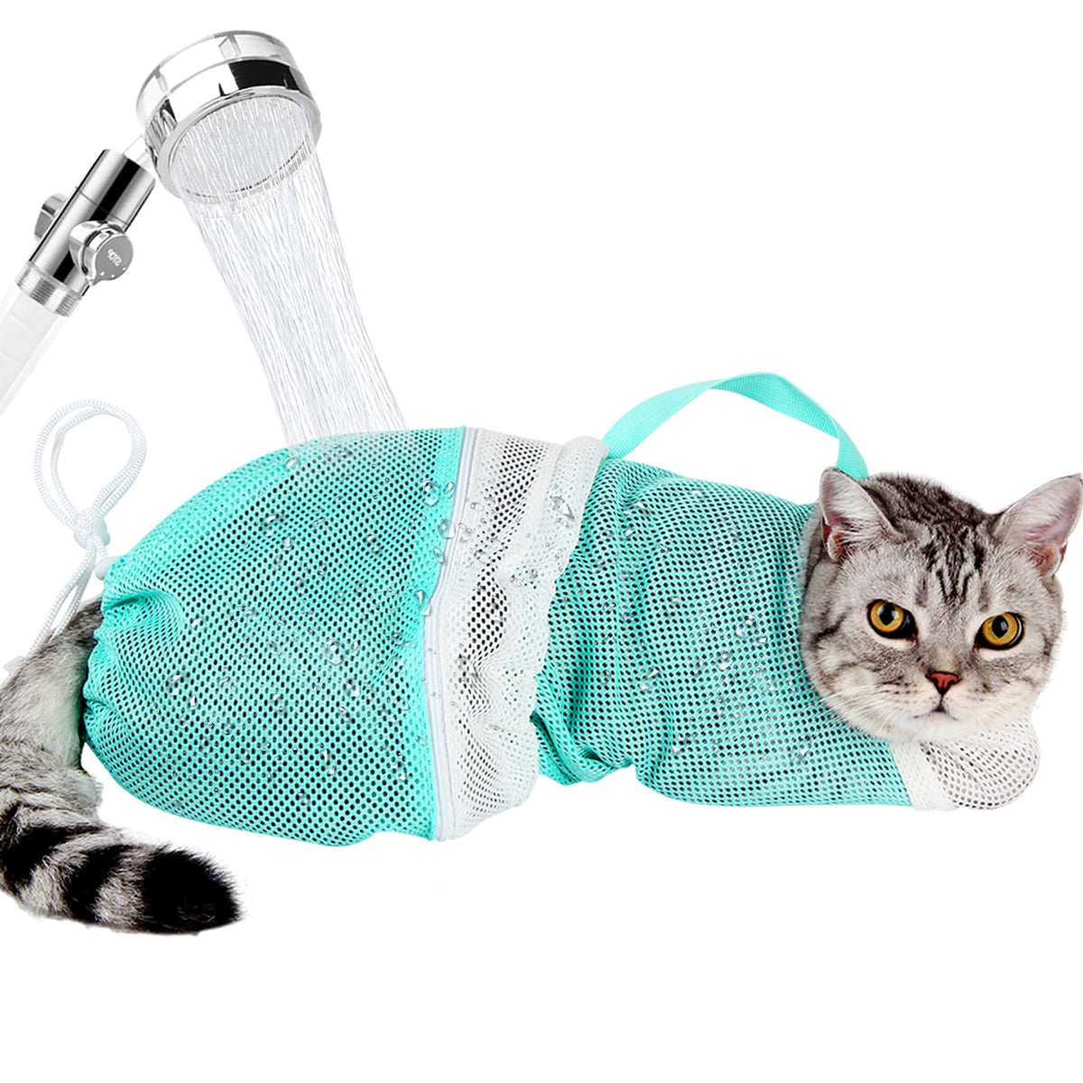 Ameami bolsa de baño para gatos, enfoque en ajuste suave para baño seguro.