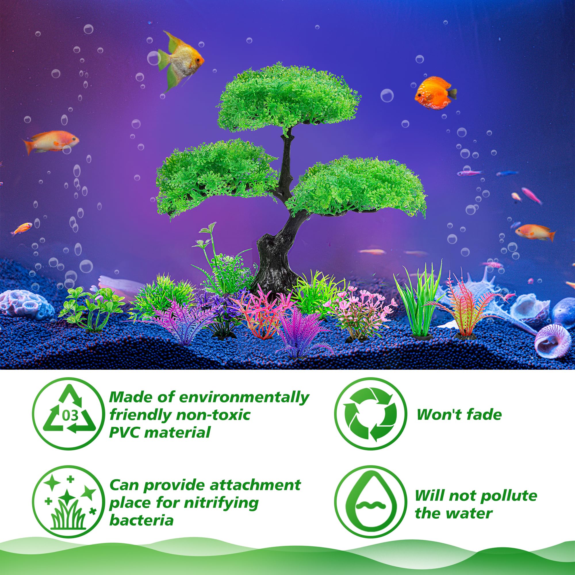 Ameliade planta artificial acuario: hojas verdes que se mueven con el agua.