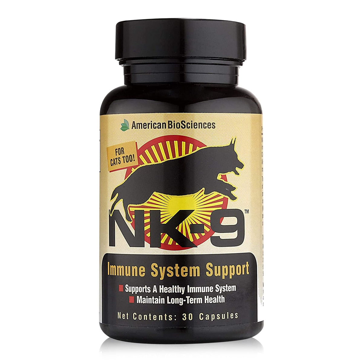 American BioSciences NK-9 cápsulas 250 mg, envase para apoyar defensas en mascotas.