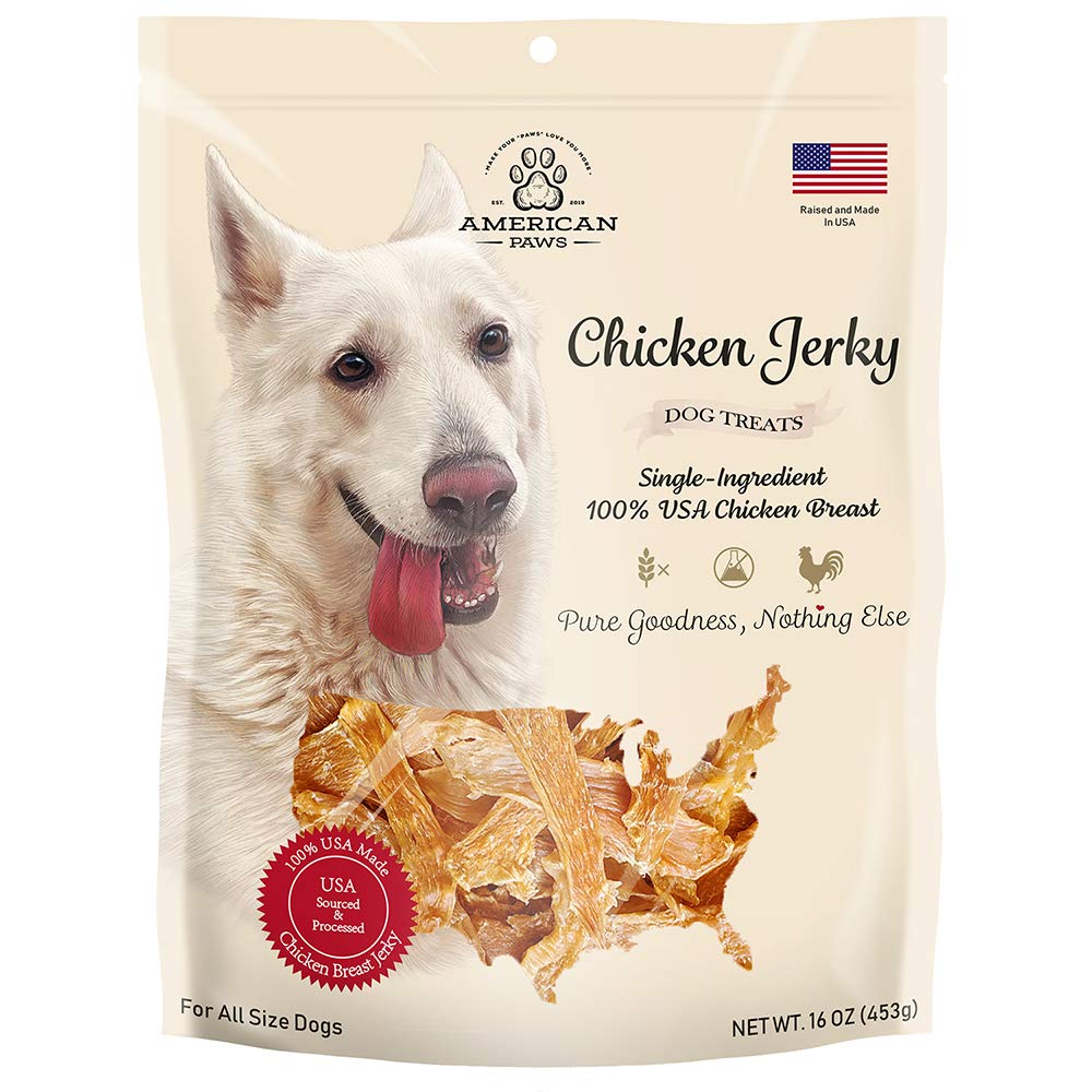 American Paws jerky de pechuga de pollo, ideal como premio rico en proteínas para perros.