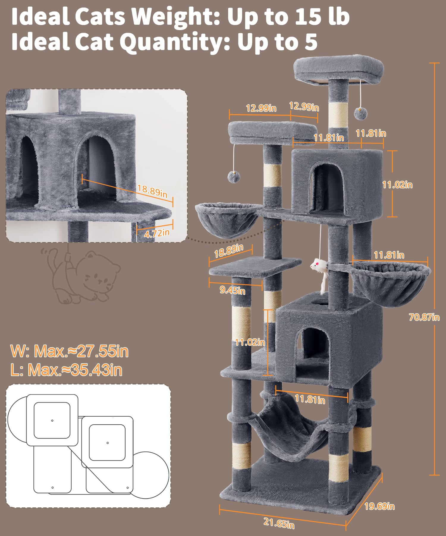 AMHANCIBLE Árbol para Gatos 70 Pulgadas, dos casetas grandes para descanso cómodo.