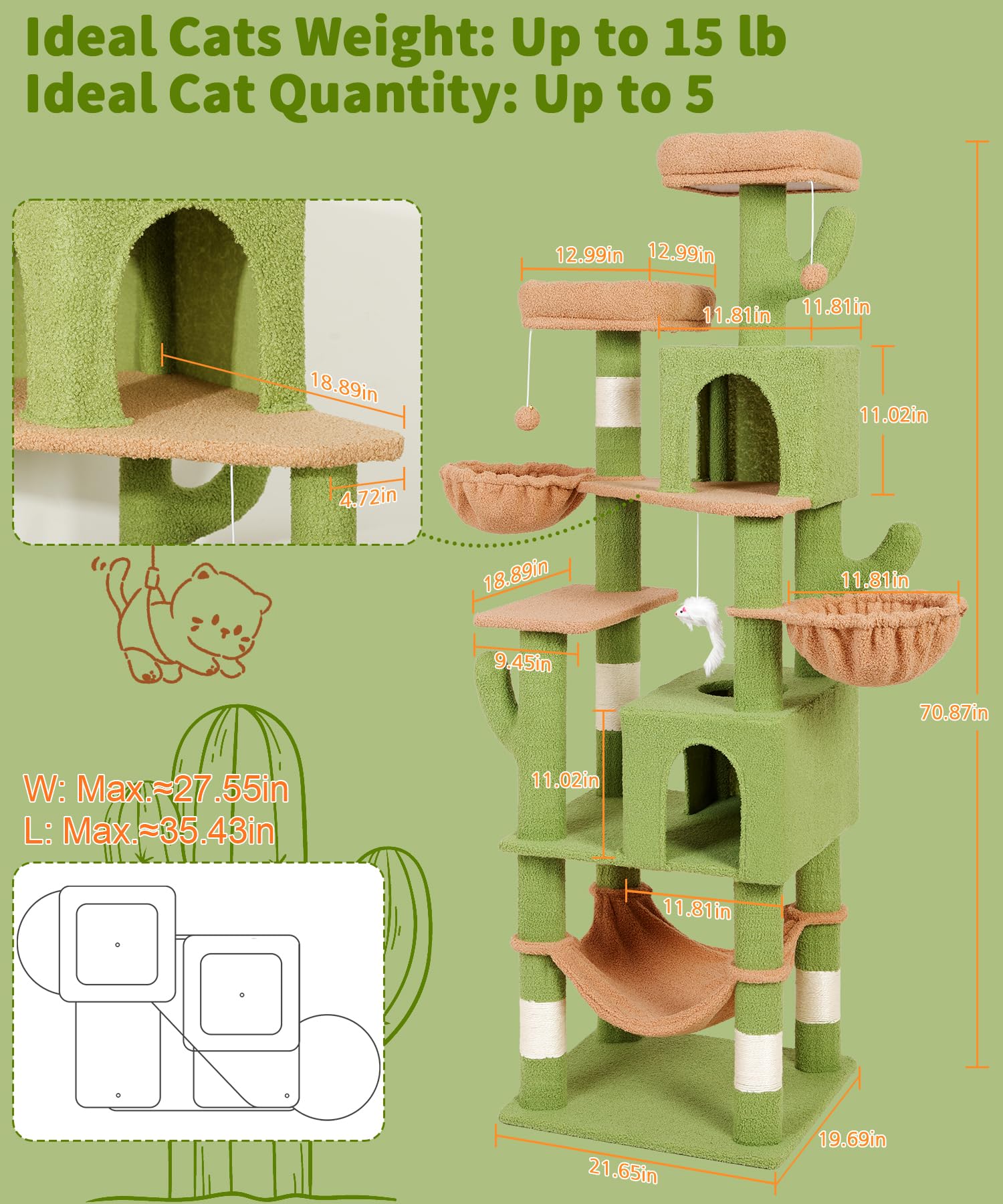AMHANCIBLE Árbol para Gatos 70 pulgadas: plataformas multi nivel para trepar.