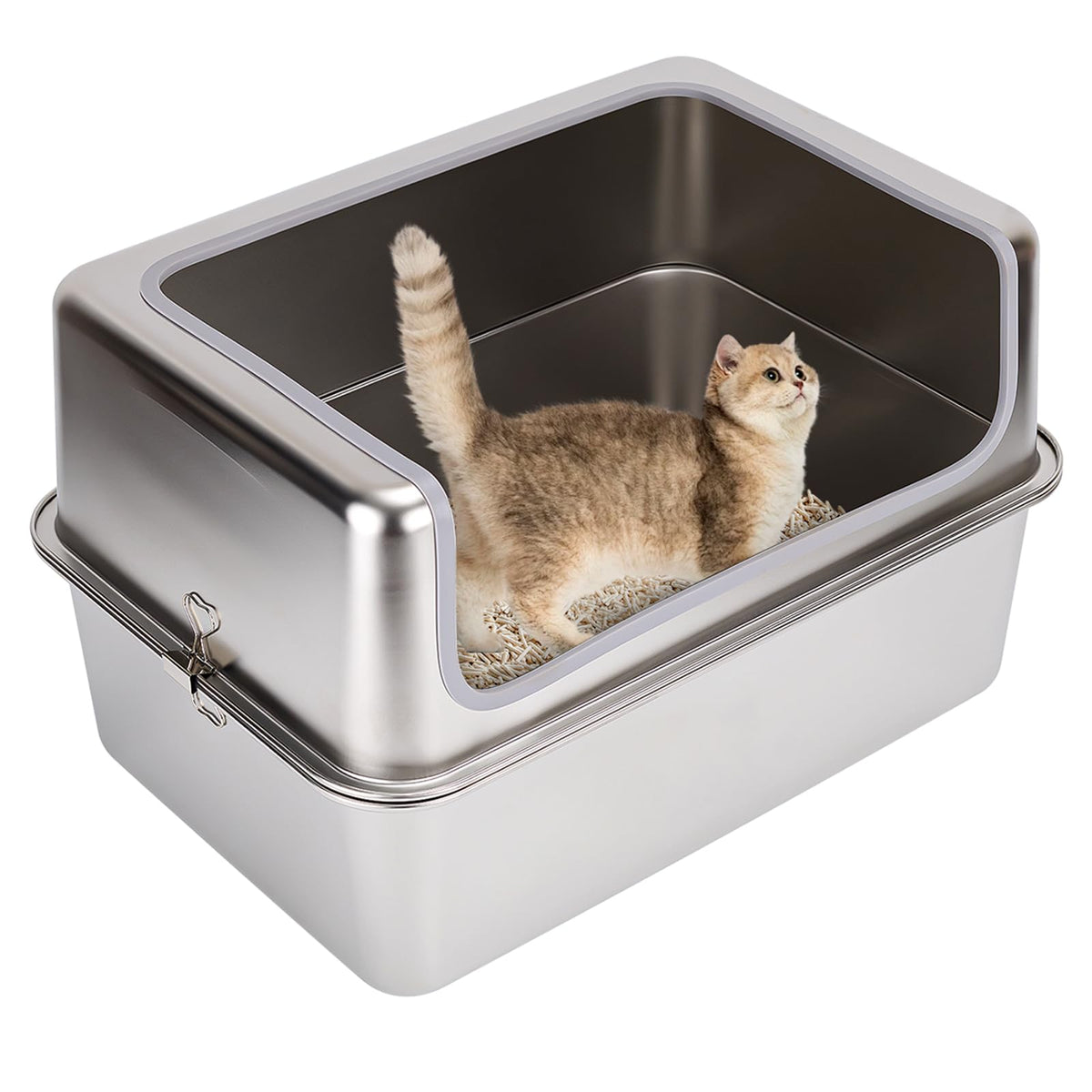 Amibud caja de arena para gato en acero inoxidable con tapa de metal, duradera y fácil de limpiar