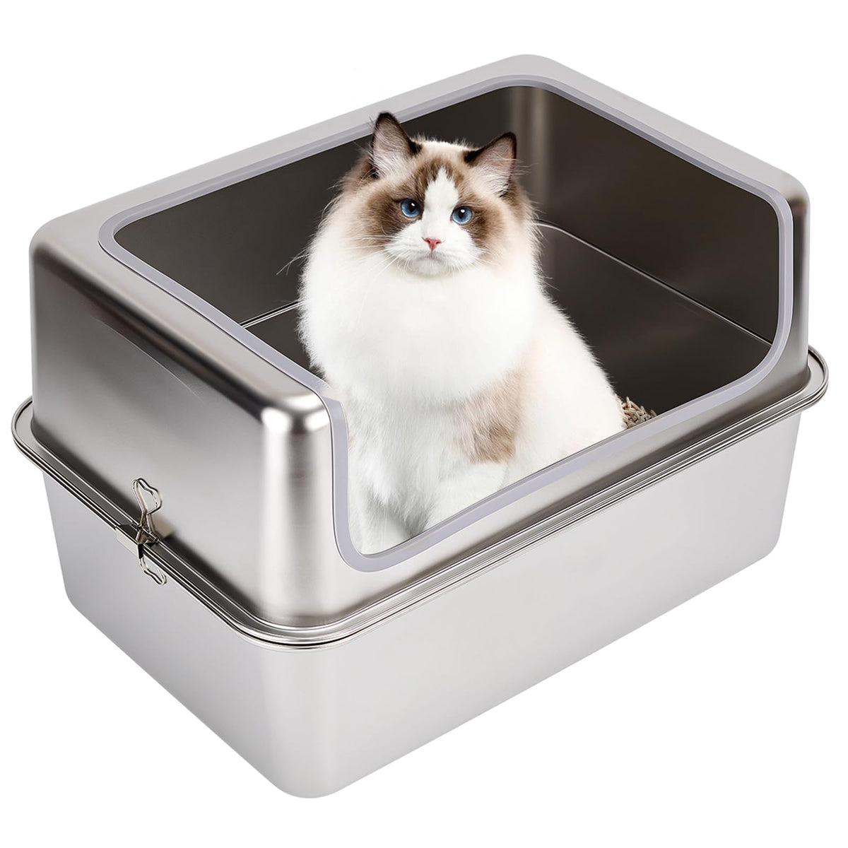 Amibud caja de arena para gatos en acero inoxidable con tapa de metal, resistencia y durabilidad.