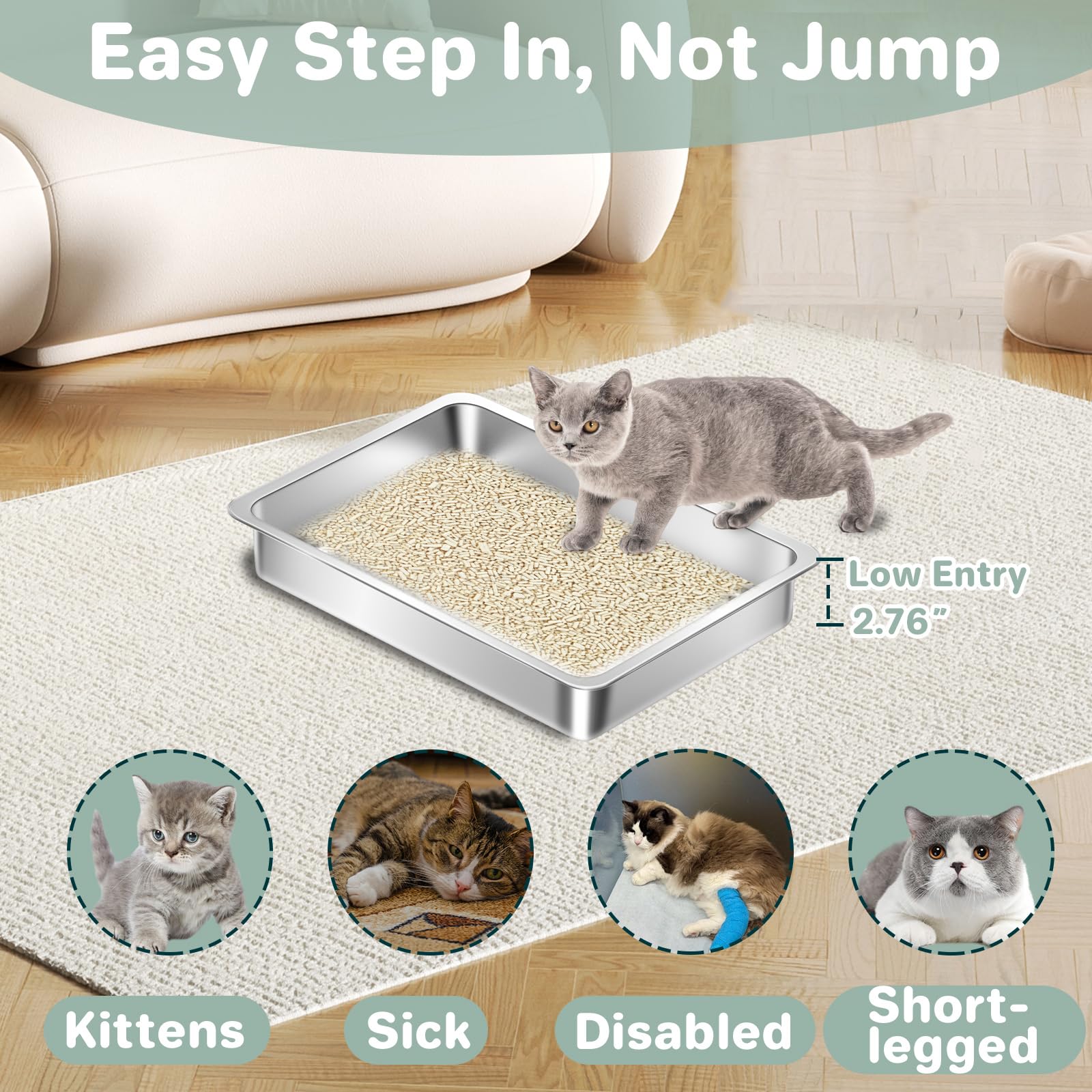 Amibud caja de arena metálica con acceso fácil, ideal para gatos mayores.