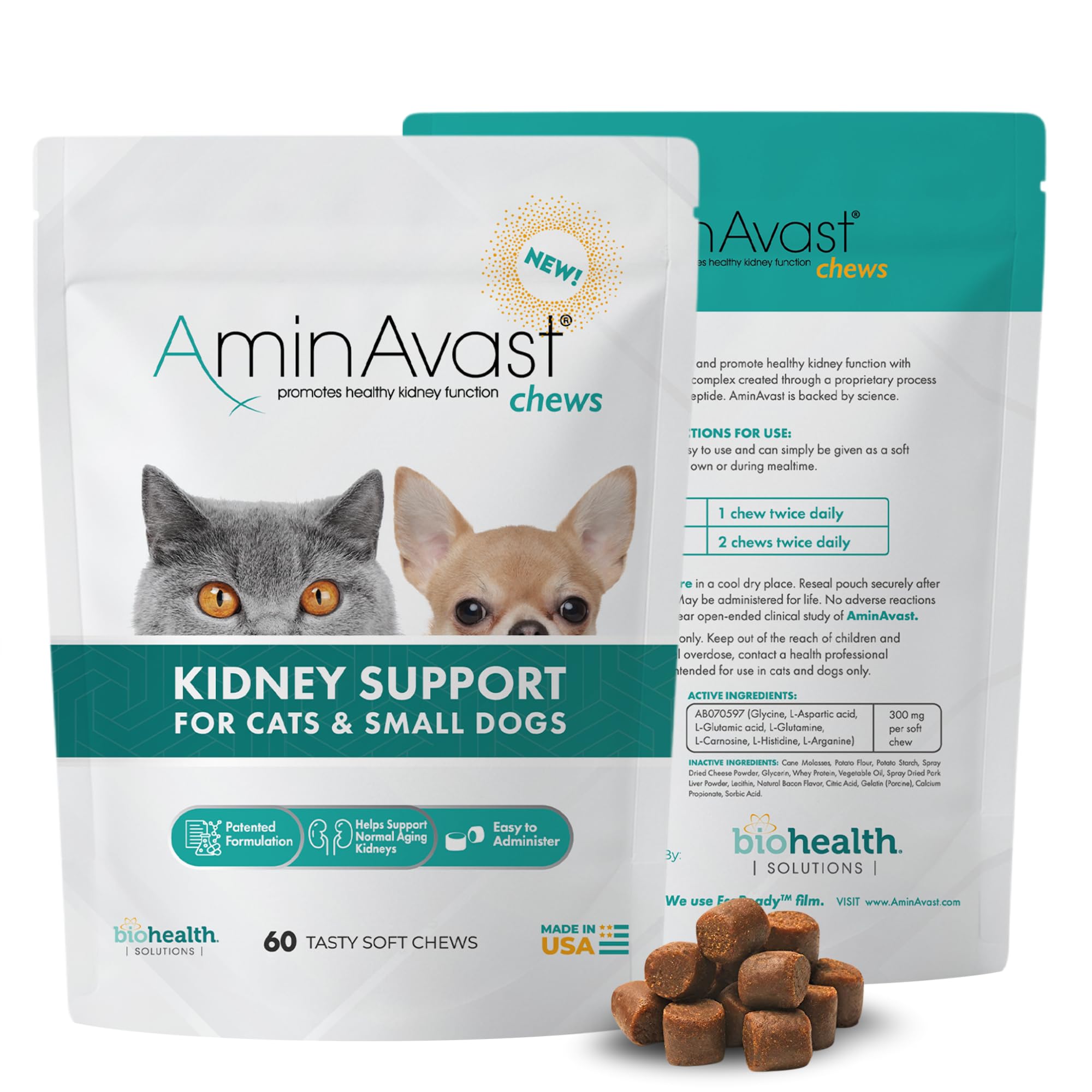 AminAvast envase de 60 gomitas suaves para salud renal en gatos y perros pequeños.