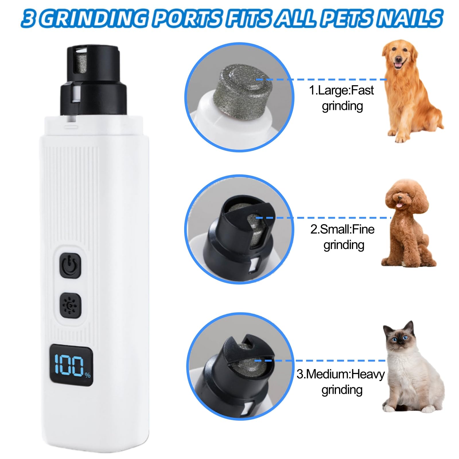 La amoladora silenciosa de uñas para perros y gatos tiene dos puertos ajustables.