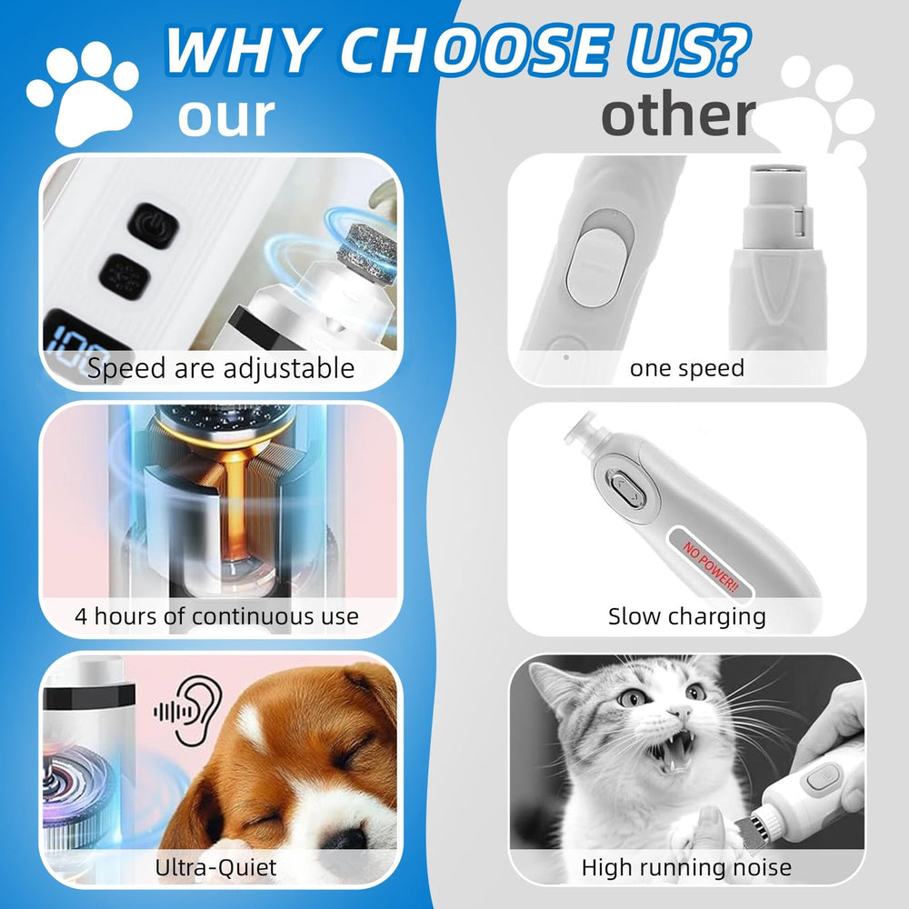 La amoladora silenciosa de uñas para perros y gatos es portátil para casa.