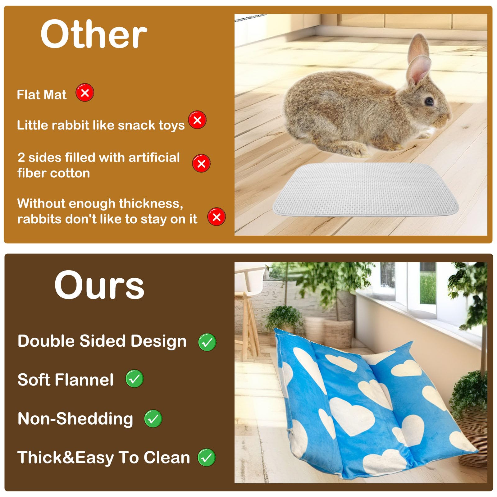 Amremsu cama para conejos, detalle de costuras para mayor durabilidad.
