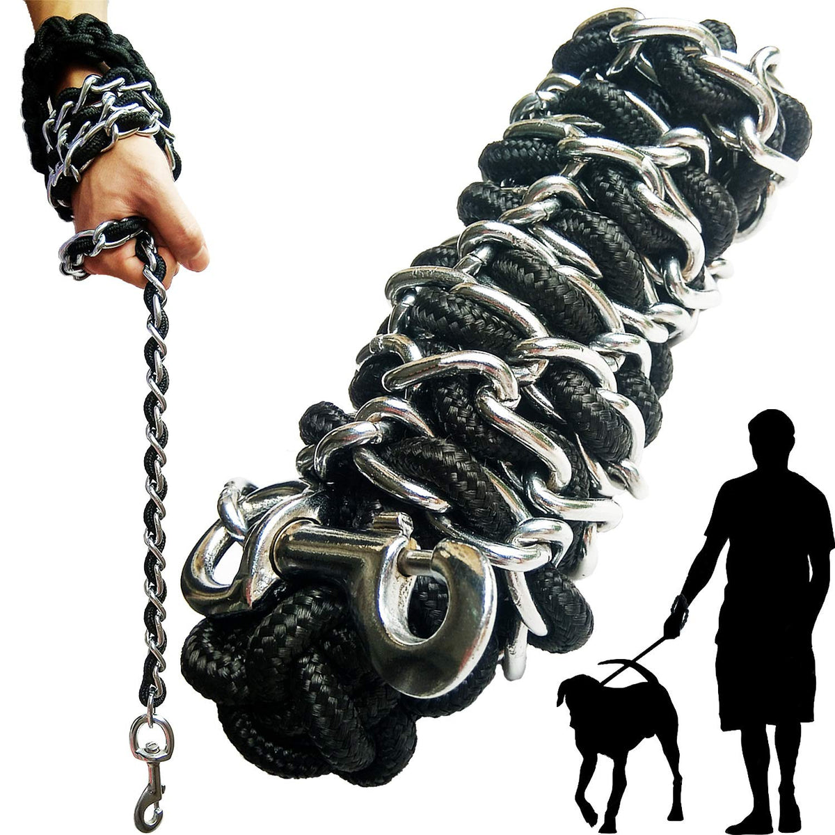 AncBace correa para perro con cadena de acero cromado, ideal para paseos diarios