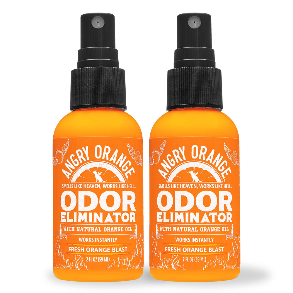ANGRY ORANGE muestra la botella pulverizador 2oz para viaje que elimina olores de mascotas.
