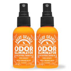 ANGRY ORANGE muestra la botella pulverizador 2oz para viaje que elimina olores de mascotas.