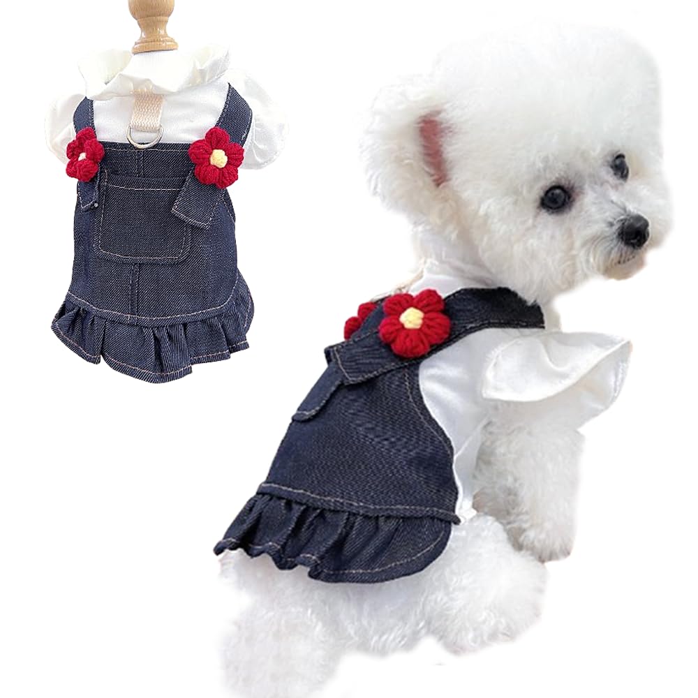 ANIAC vestido denim para perrito con flores 3D, ideal para salidas veraniegas