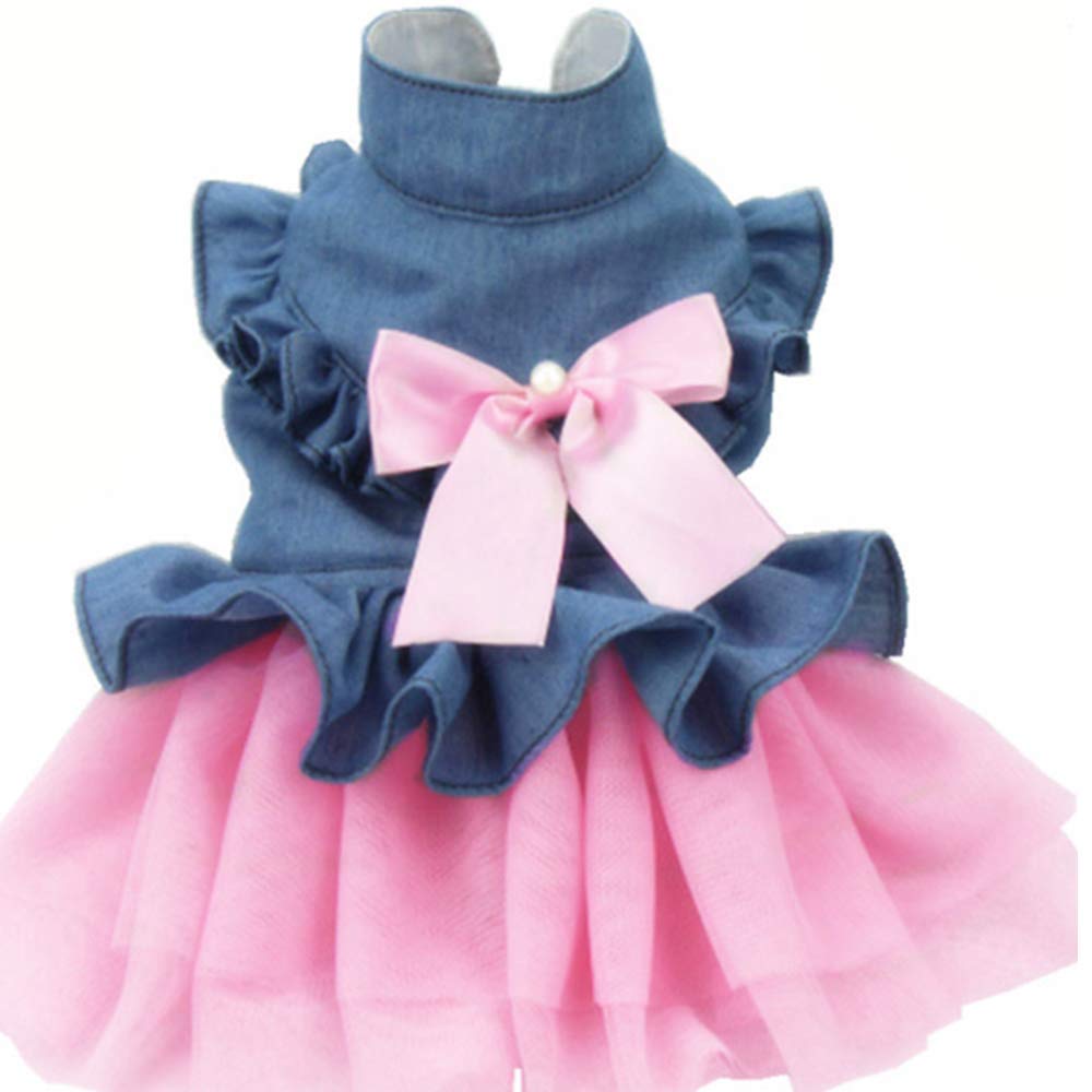 ANIAC vestido denim para mascotas con lazo rosado, perfecto para salidas diarias y paseos