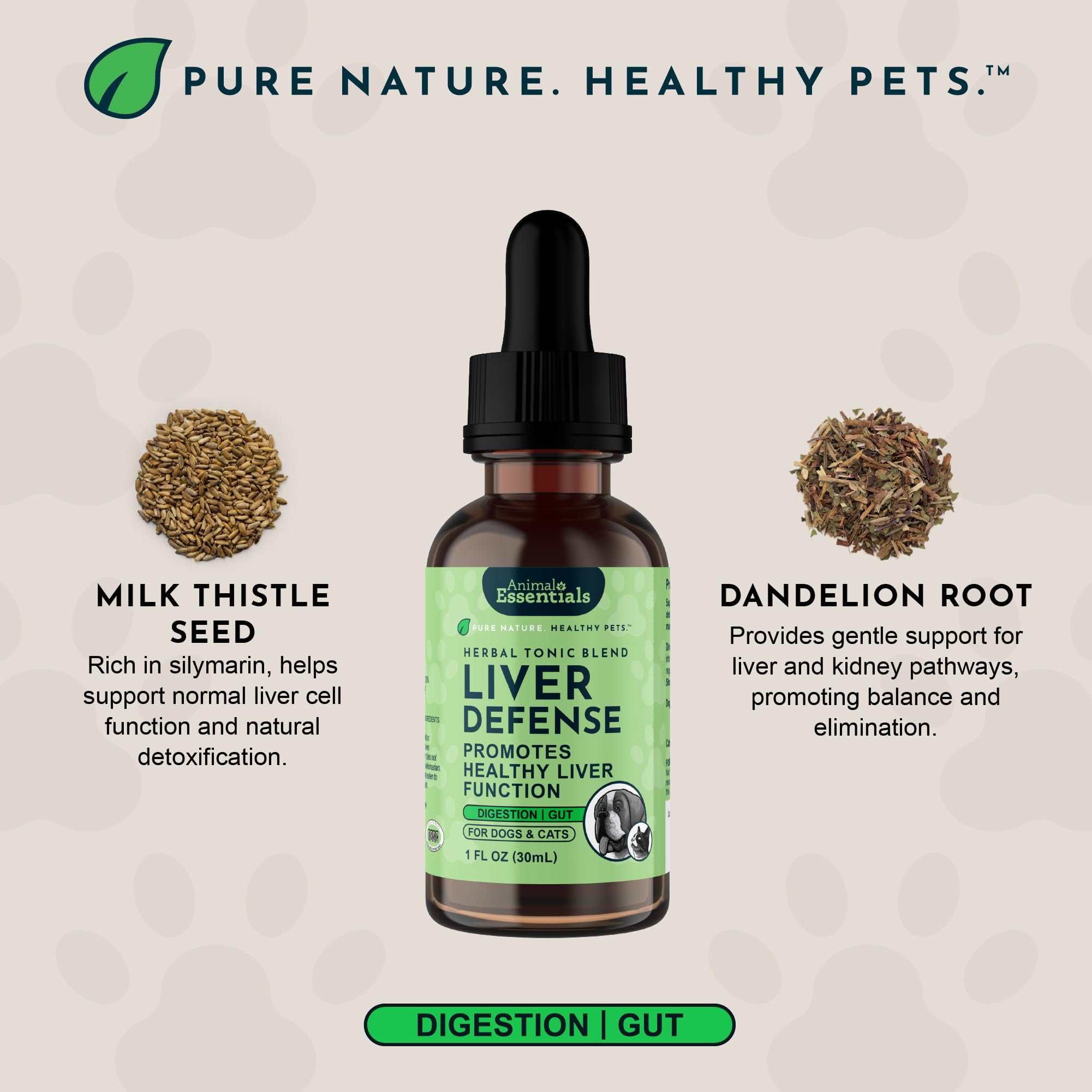 Etiqueta clara de Animal Essentials Liver Defense facilita identificar ingredientes naturales.