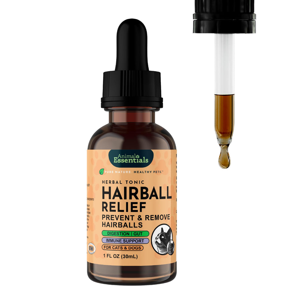 Animal Essentials Hairball Relief Formula, botella de 1 onza, facilita la expulsión de bolas de pelo.