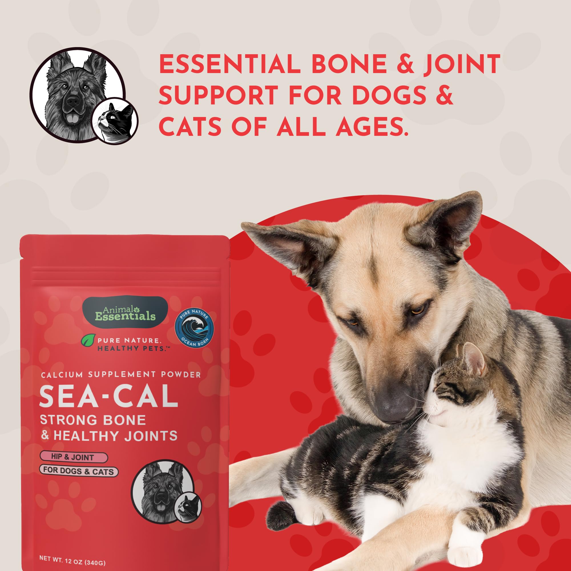 Animal Essentials Sea-Cal envase reciclable y proceso de producción sostenible.