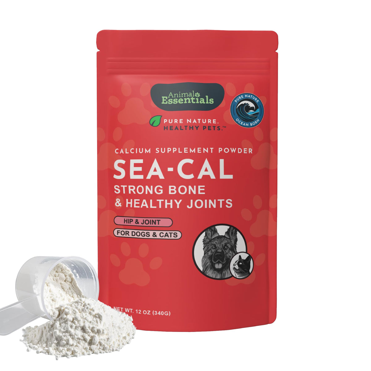 Animal Essentials Sea-Cal polvo calcio marino para huesos fuertes y dientes sanos.