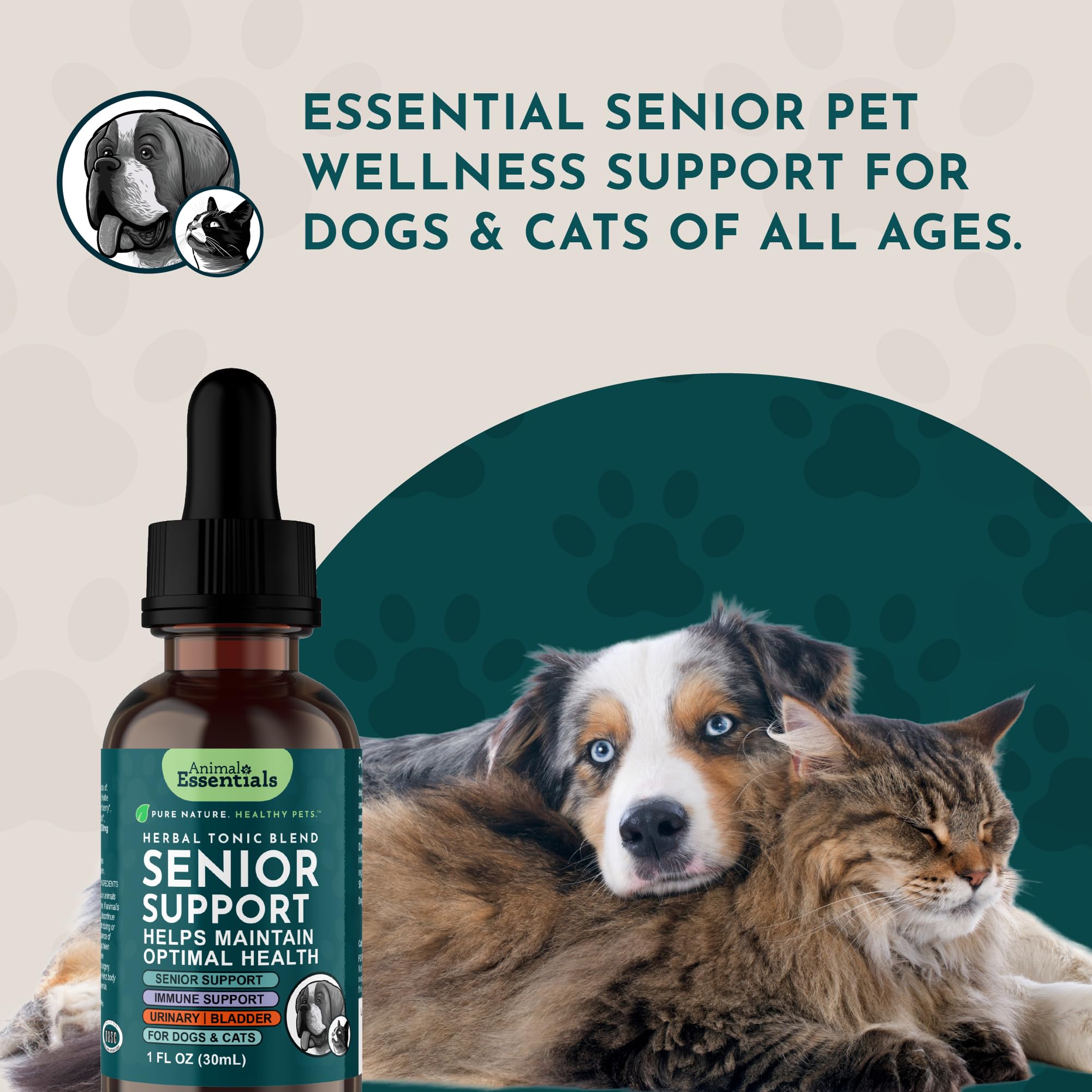 Animal Essentials Senior Support bienestar general para mascotas mayores.