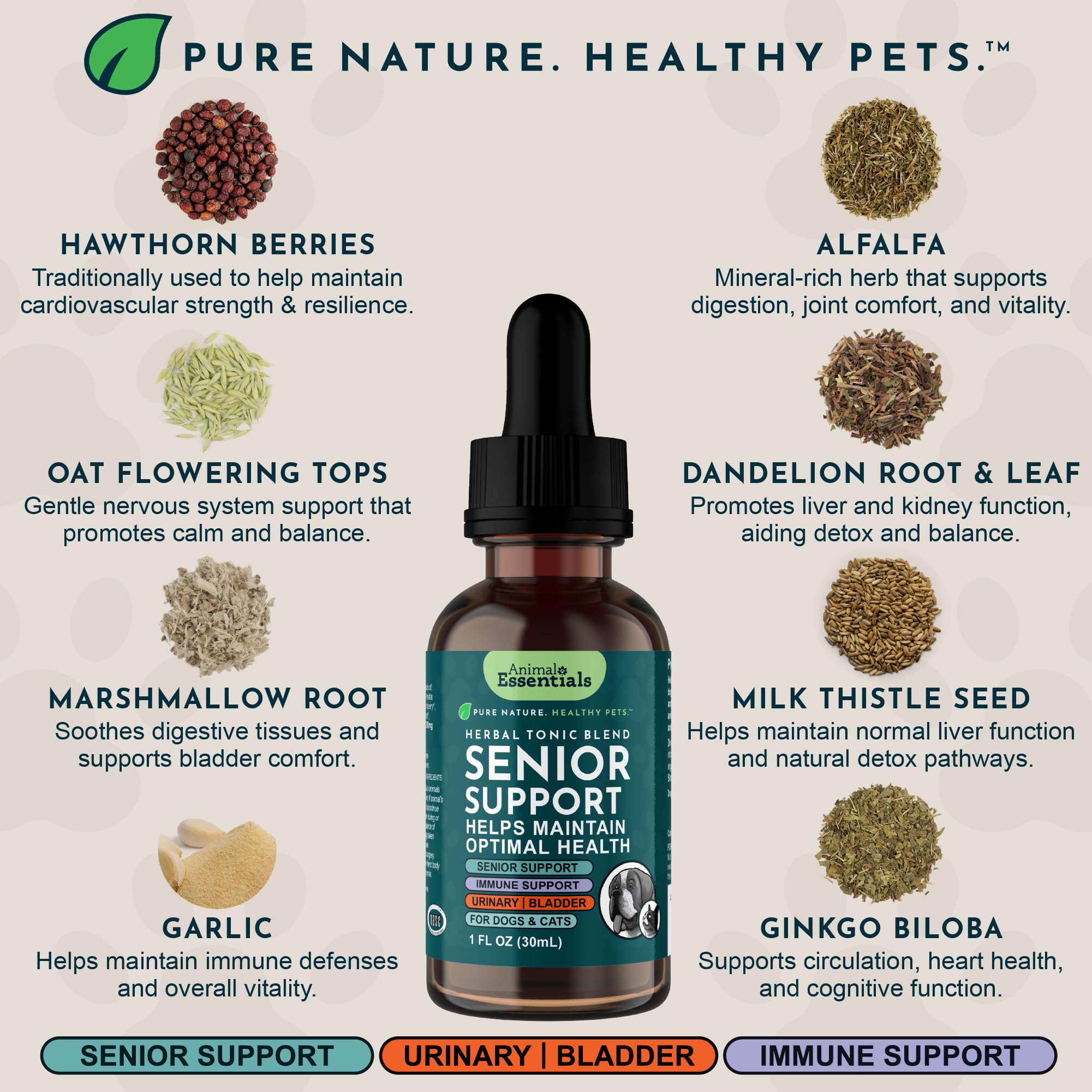 Animal Essentials Senior Support muestra dosis directas para administración oral cómoda.