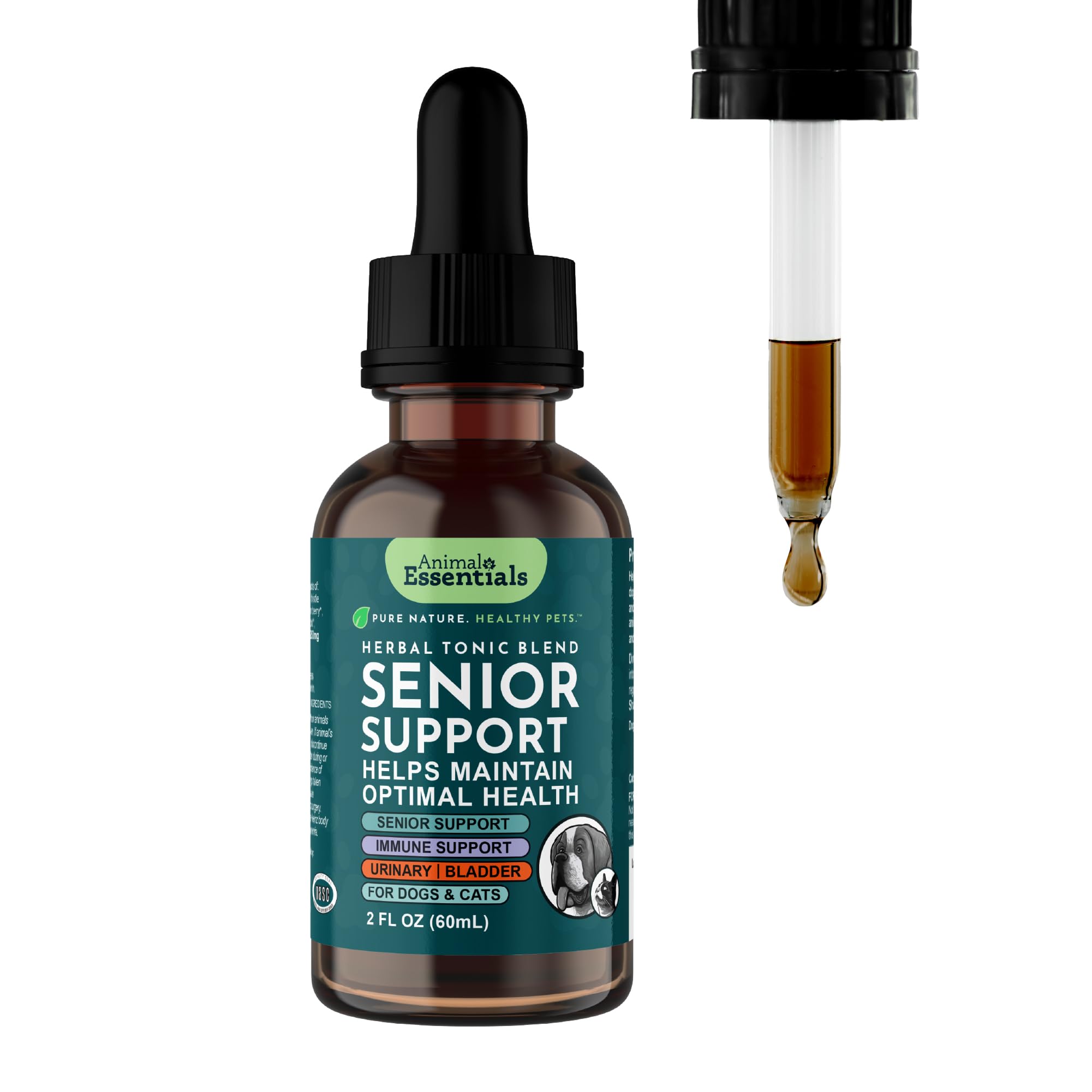 Animal Essentials Senior Support frasco, promueve bienestar general en mascotas mayores.