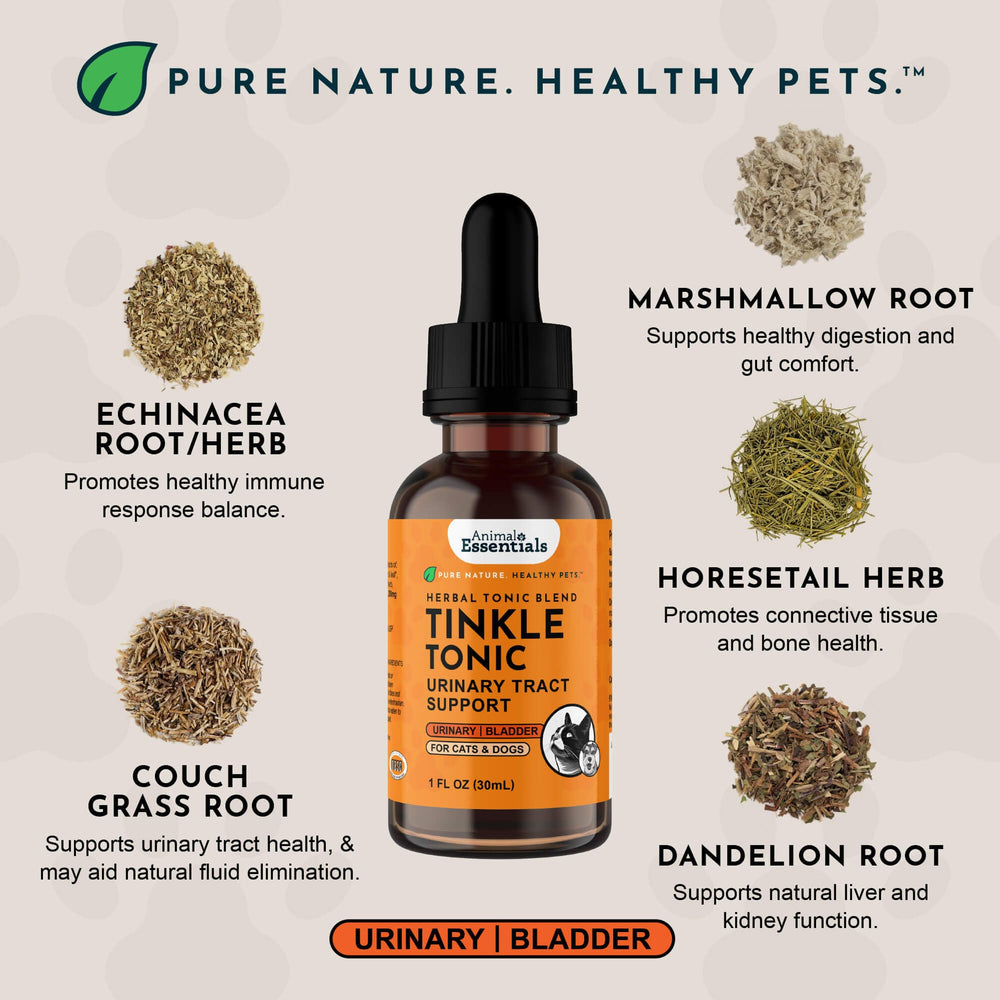 Animal Essentials Tinkle Tonic, etiqueta clara para uso y seguridad.