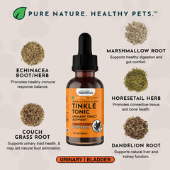 Animal Essentials Tinkle Tonic, etiqueta clara para uso y seguridad.
