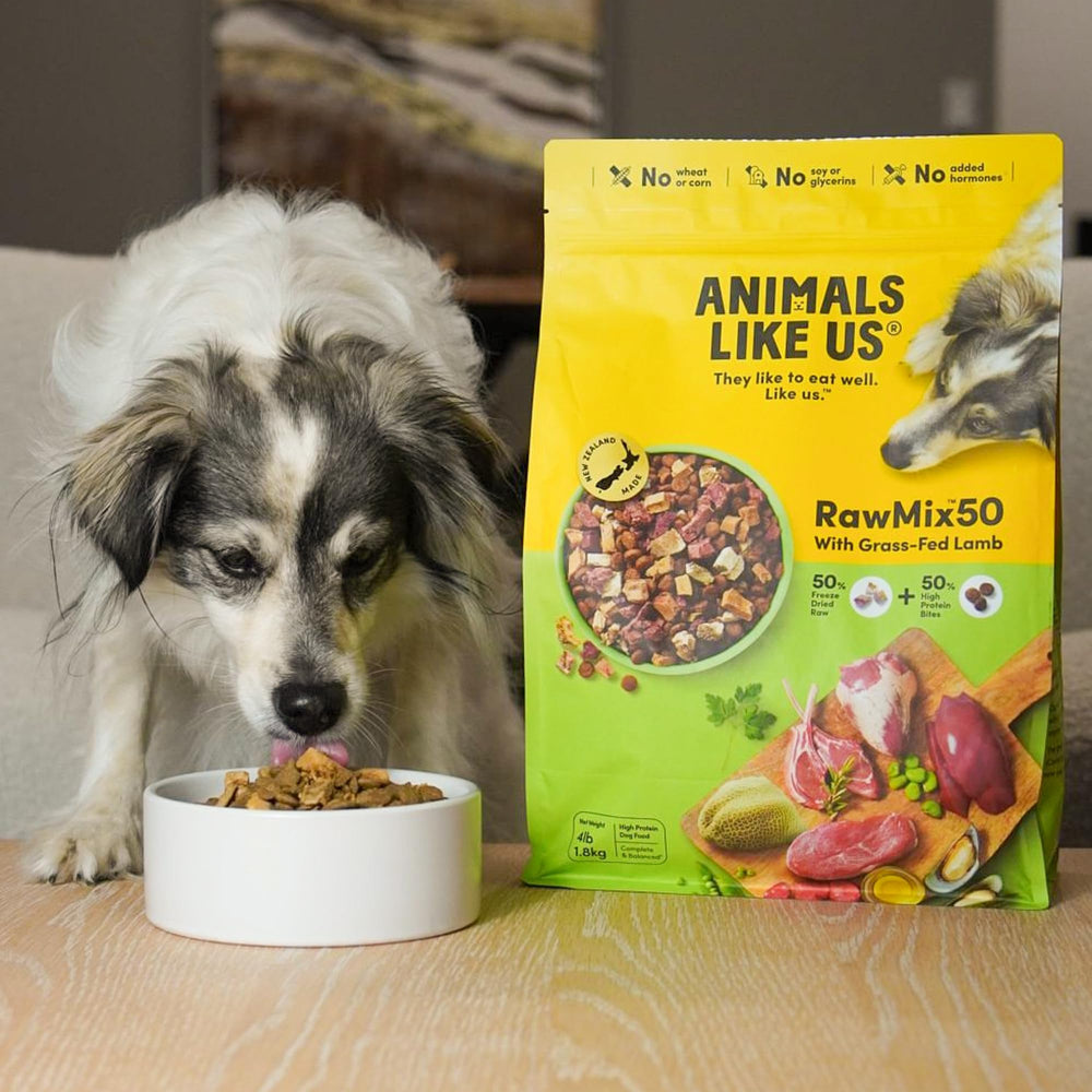 Animals Like Us RawMix50: incluye kibble para textura crujiente y variedad.