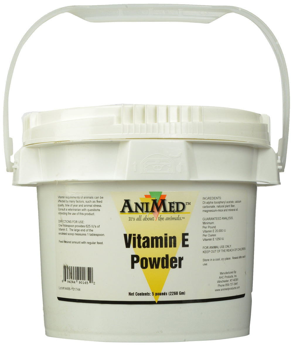 ANIMED Vitamina E en polvo en envase de 5 libras para mascotas.