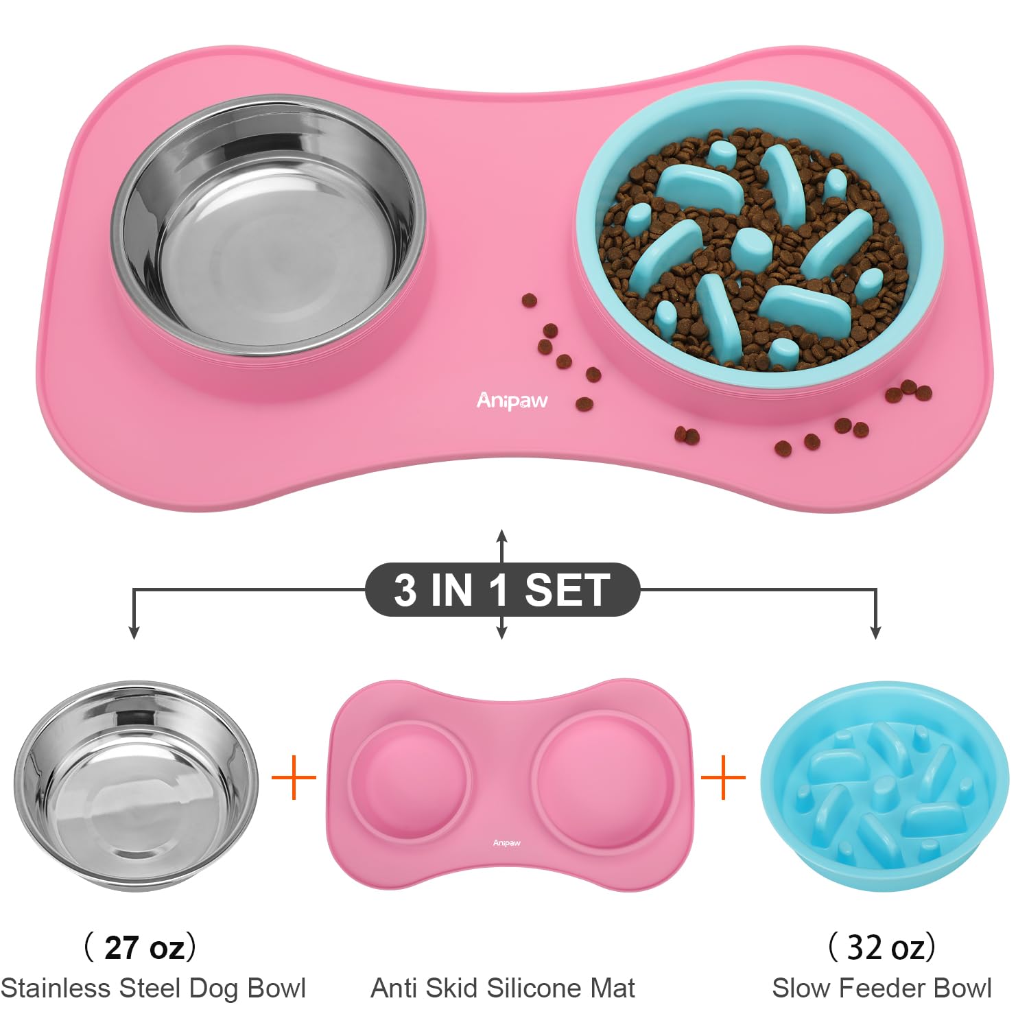 Anipaw conjunto 3 en 1 para perros, facilita comer y beber en casa.