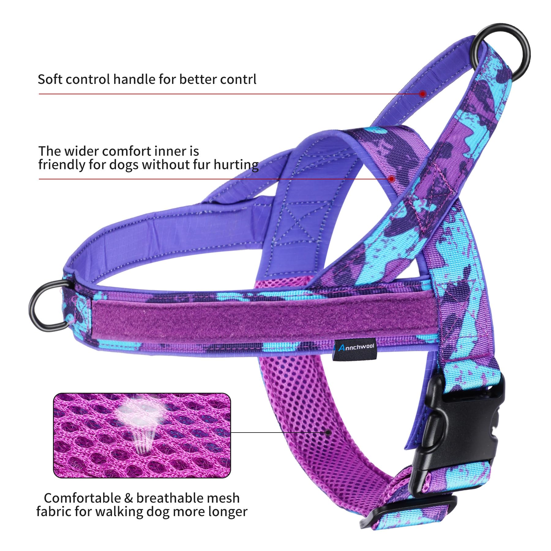 Guía de tallas de arnés Annchwool para ajustar correctamente al tamaño del perro.