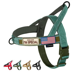 Arnés Annchwool verde frontal, cómodo durante paseos prolongados.