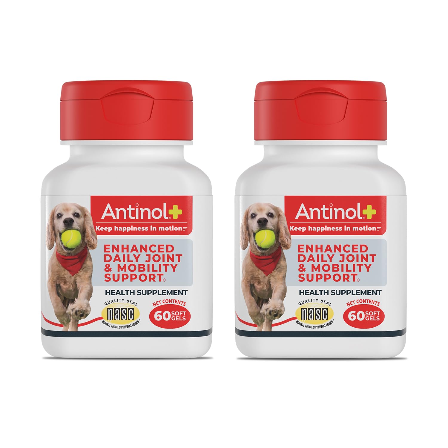 Antinol Plus: botella de suplemento para movilidad diaria de perros.