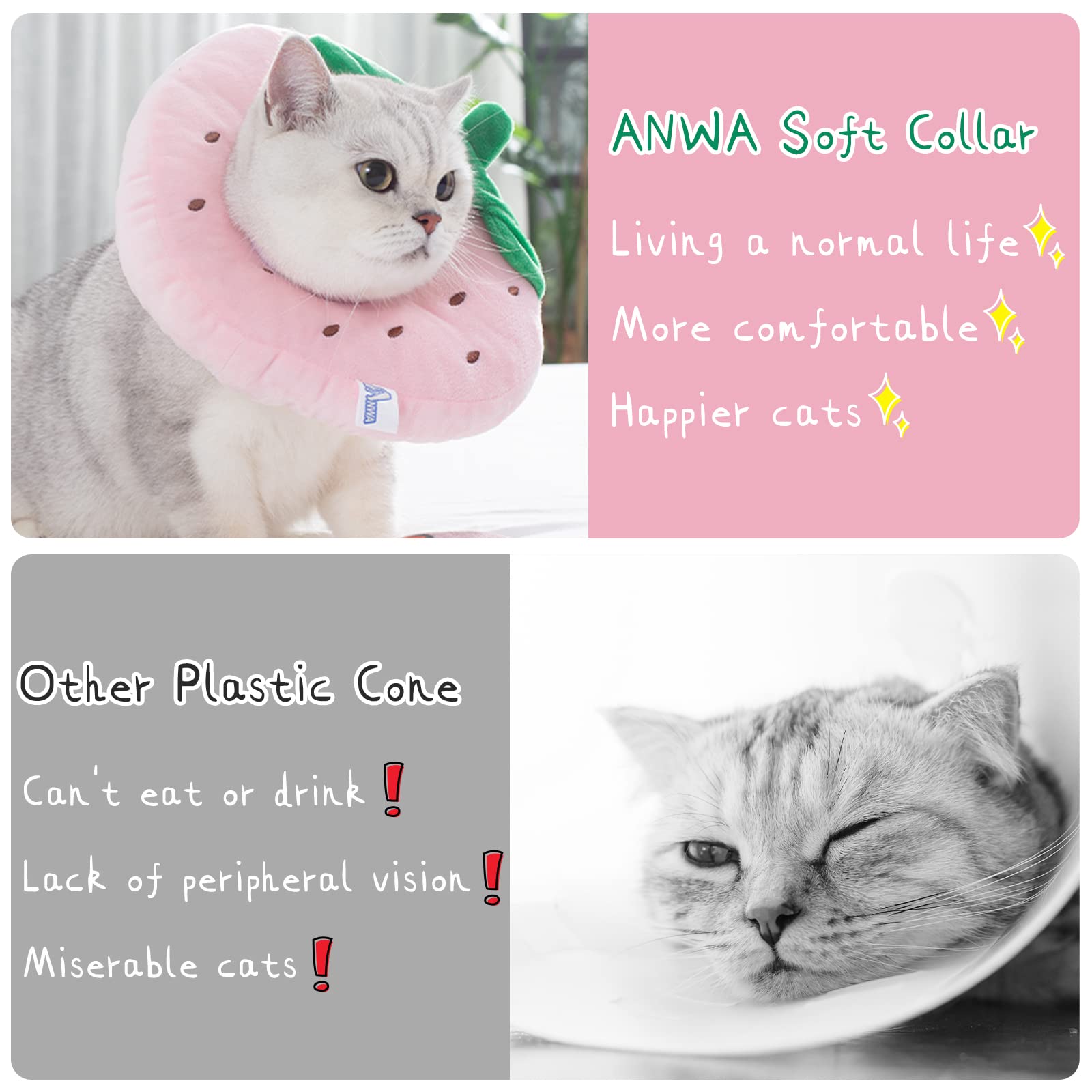 ANWA cono-gato-ajuste-interior permite un ajuste cómodo para gatos pequeños.