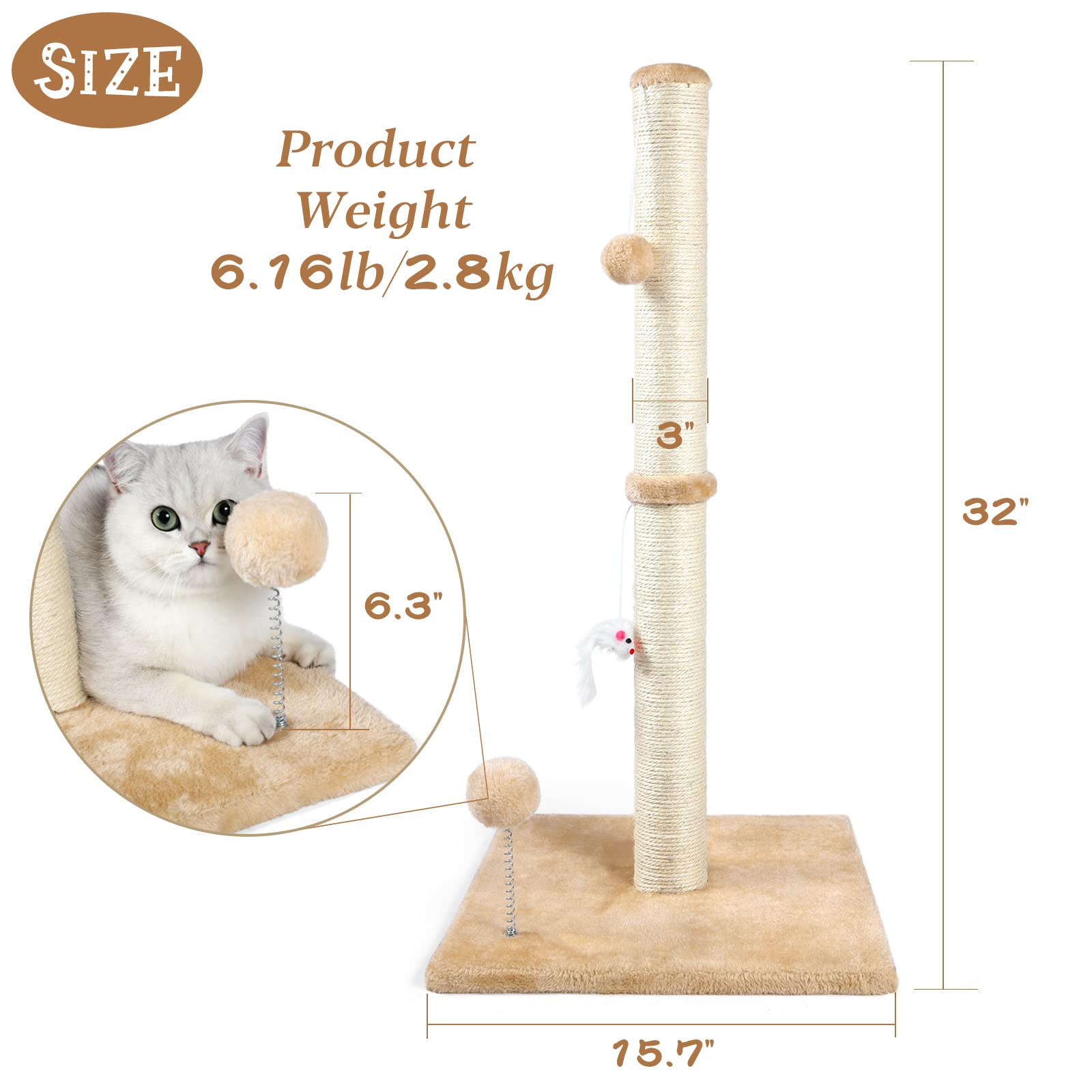 ANWA rascador vertical 3 en 1 con juguetes de peluche para felinos curiosos