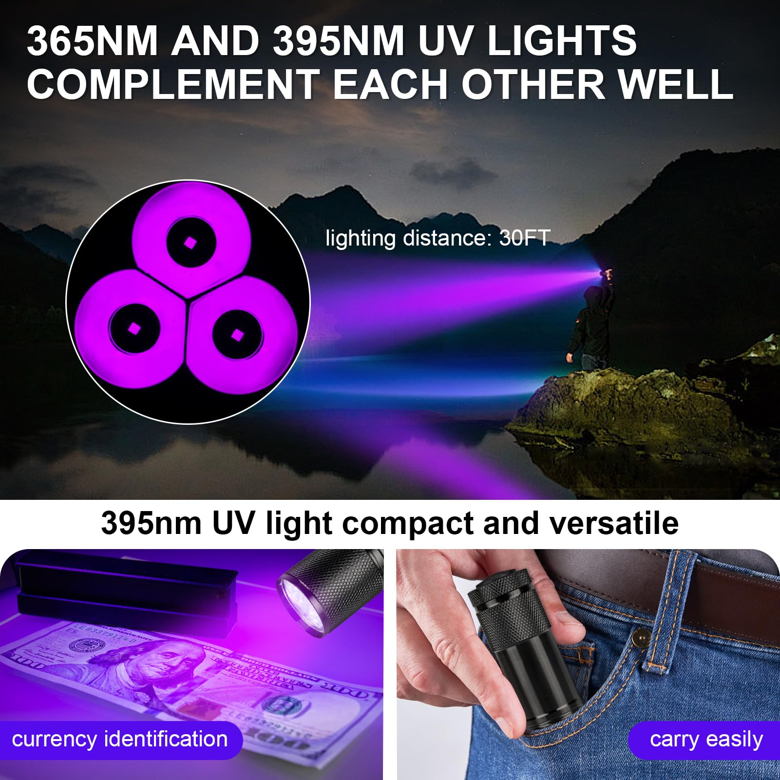 ANYGO linterna UV recargable con batería de larga duración para más de 8 horas.