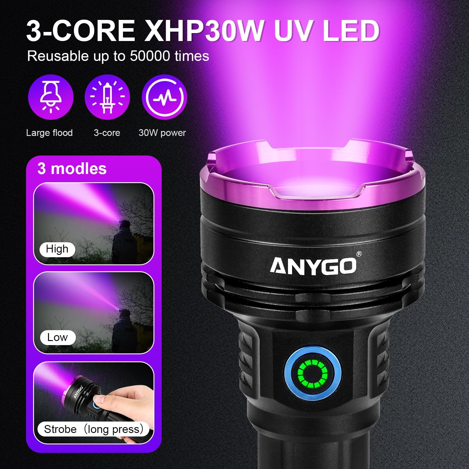 ANYGO linterna UV detecta manchas y residuos en textiles y superficies en casa.