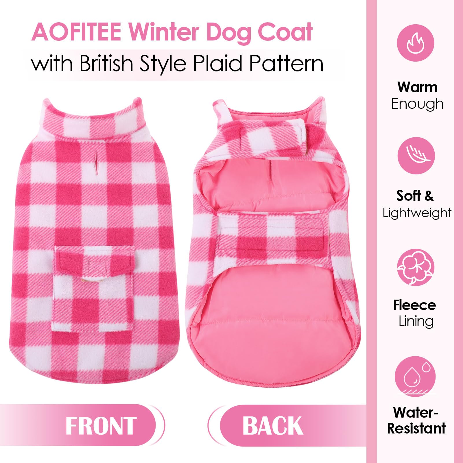 Abrigo AOFITEE para perro en cuadros rosa, costado, dos caras